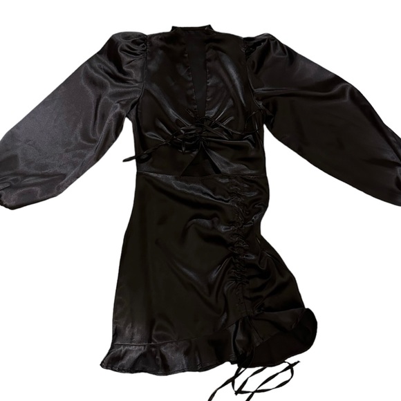 Cédelar Black Sexy Satin Dress With Sleeves and drawstrings size S - Picture 3 of 7